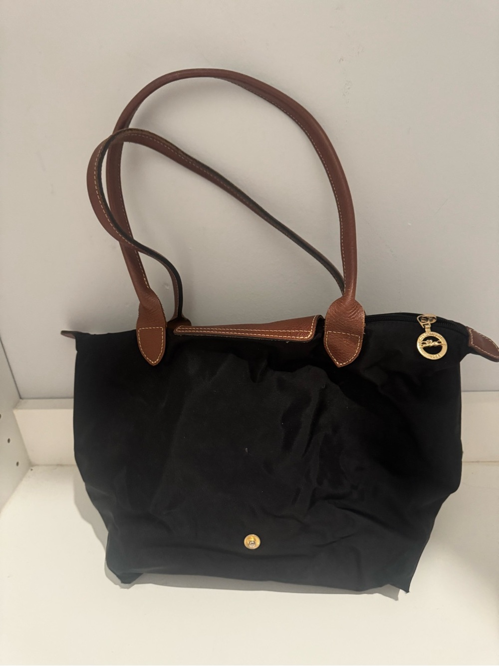 Longchamp Black Nylon Tote with Brown Leather Trim - Picture 2 of 9